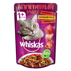 Корм для кошек WHISKAS Микс в томатном желе говядина, птица пауч